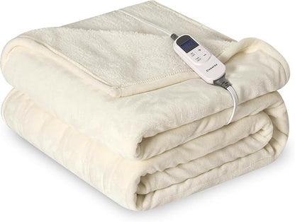 Heat Blanket 50”x60” Throw,Soft Flannel & Sherpa Reversible Electric Blanket with 10 Heat Settings,12 Timer Setting and 3 Hours Auto-Shut Off,ETL Certified Machine Washable,Ivory