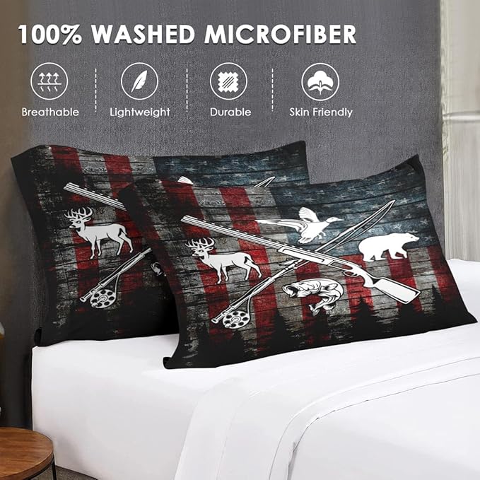 Full Size Comforter Set with 2 Pillowcase, Hunting Fishing Hunter Soft 3 Pcs Bedding for Kids and Adults, Vintage Animal Retro Comforter Set for Room Bedroom Bed Decor