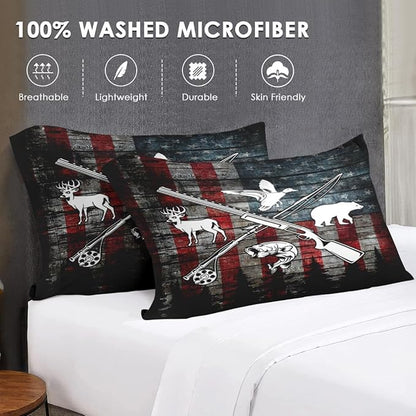 Full Size Comforter Set with 2 Pillowcase, Hunting Fishing Hunter Soft 3 Pcs Bedding for Kids and Adults, Vintage Animal Retro Comforter Set for Room Bedroom Bed Decor