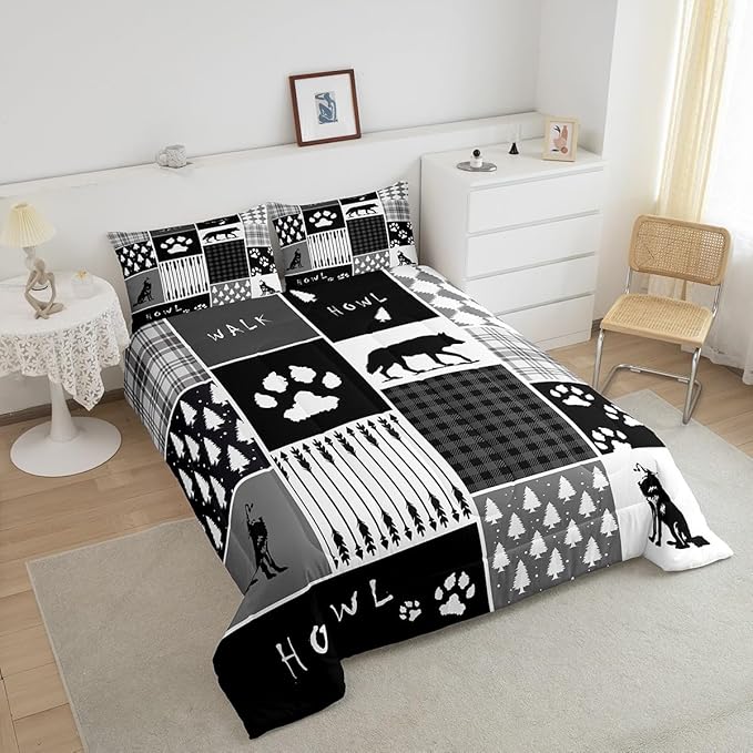 Feelyou Rustic Comforter Set Toddler Size Hunting Adventure Comforter for Boys Girls Teens Wildlife Arrows Bedding Set Woodland Wolf Duvet Set Room Decor Wolf Paws Print Quilt Set