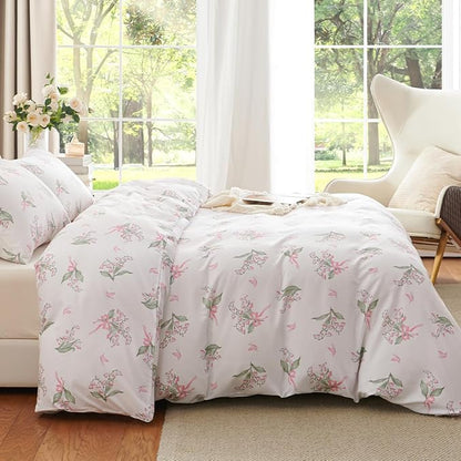 Duvet Cover Queen 3Pcs Pink Floral Bedding Set for Girls, Lily of The Valley with Butterfly and Bow Design, 1 Duvet Cover and 2 Pillowcases, Soft Breathable Microfibre Reversible