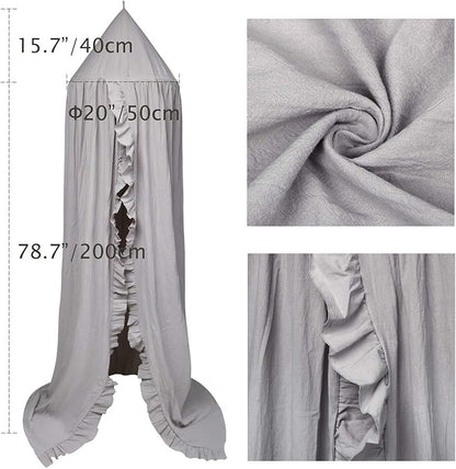 Bed Canopy with Frills Reading Nook Game Tent for Kids Boho Hanging Net Play Room Decor(Light Grey)