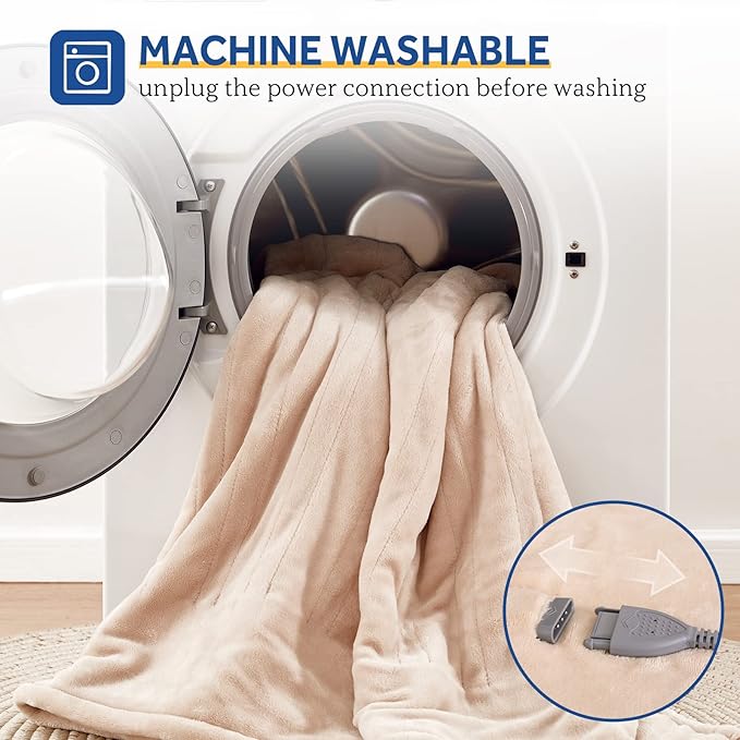 Sealy Electric Blanket King Size, Flannel Heated Blanket with10 Heating Levels & Auto Shut Off, Machine Washable, Beige, 100 x 90 Inch