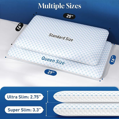 CloudBliss Ultra Slim 2.75” Pillows for Side | Back | Stomach Sleepers, Memory Foam Flat Pillow, Low Profile Sleeper Pillows with Double Sided Comfortable Breathable Pillow Cover, Queen