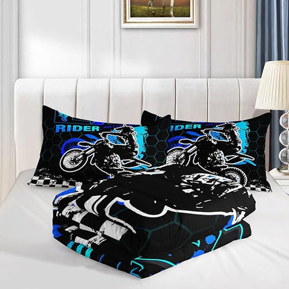 Kids Comforter Set Motocross Printed Pattern Bedding Set with 1 Comforter and 2 Pillowcases for Girls Boys Bedroom All Season(Motocross02 Queen)