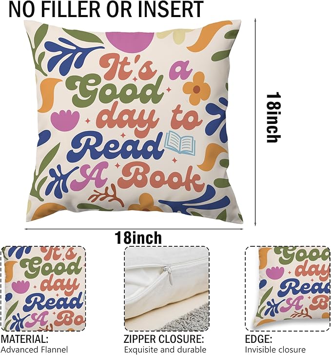 Floral It's A Good Day to Read A Book Decorative Throw Pillow Covers, Read Reading Pillows Covers for Kids, Trendy Pillow Cases Decor for Library Reading Nook Corner Couch Bedroom 18x18in