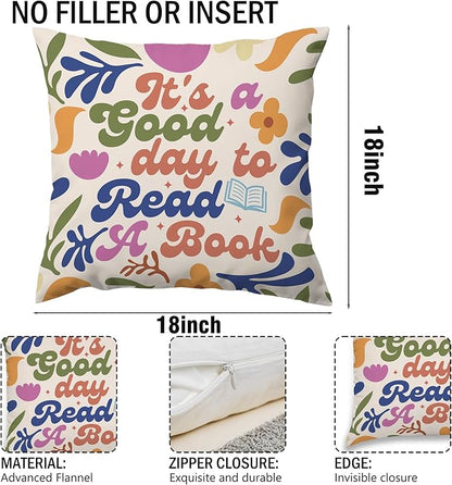 Floral It's A Good Day to Read A Book Decorative Throw Pillow Covers, Read Reading Pillows Covers for Kids, Trendy Pillow Cases Decor for Library Reading Nook Corner Couch Bedroom 18x18in