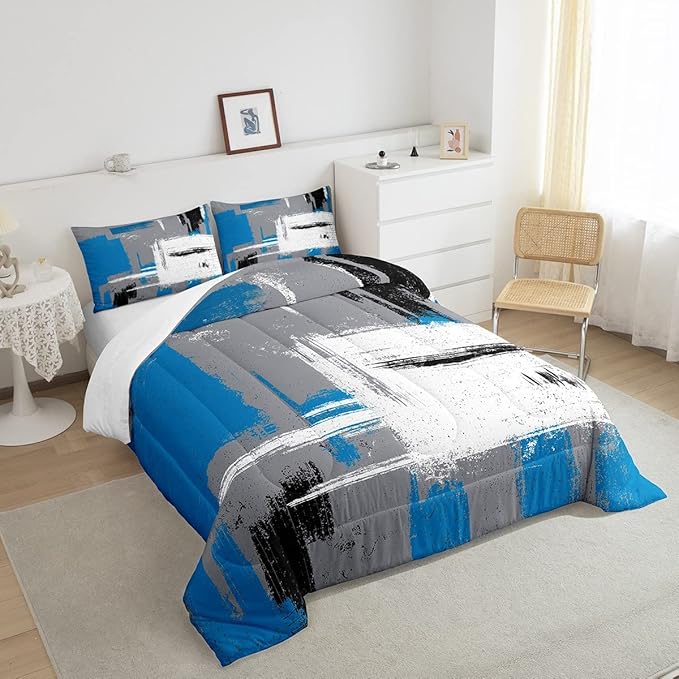 Feelyou Abstract Bedding Set Comforter Set for Kids Boys Children Modern Abstract Art Comforter Ultra Soft Decor Blue Grey White Duvet Set Full Size