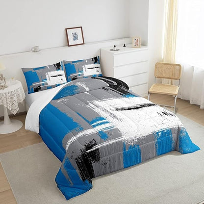 Feelyou Abstract Bedding Set Comforter Set for Kids Boys Children Modern Abstract Art Comforter Ultra Soft Decor Blue Grey White Duvet Set Toddler Size
