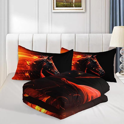 Western Bedding Horse Comforter Sets,Animal Printed Bed Set Queen Size for Kids Teens Room Decor,Horse Orange Flames Pattern Comforter for Boys Bedding Set with 2 Pillowcases.