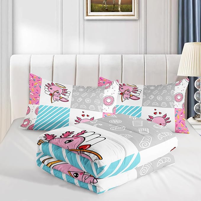 Pink Comforter Queen Size,Cute Cartoon Axolotl Bedding Set Donut Dessert Pattern Comforter Set for Children Teens Girls Bedroom Decor Aesthetic,Lovely Style Comforter Set with 2 Pillowcases.