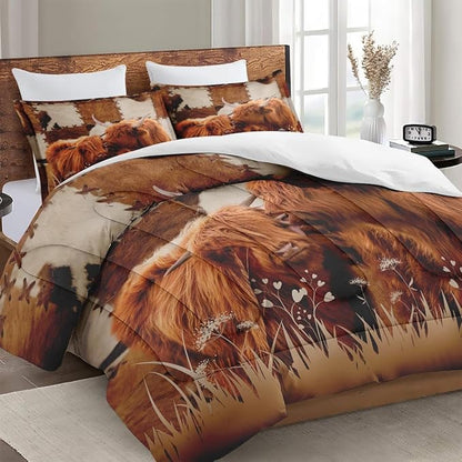Twin Size Comforter Set with Pillowcase, Highland Cow Animal Bull Soft 2 Pcs Bedding for Kids and Adults, Farm Comforter Set for Room Bedroom Bed Decor