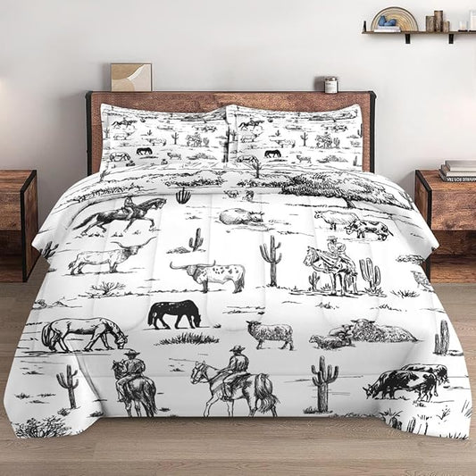 Full Size Comforter Set with 2 Pillowcase, Cowboy Cow Farm Soft 3 Pcs Bedding for Kids and Adults, Horse Vintage Western Comforter Set for Room Bedroom Bed Decor
