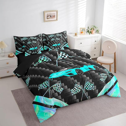 Feelyou Teal Race Car 7 Piece Bedding Set King Size Extreme Sports Comforter Set with Sheets for Kids Teens Adult Fast and Furious Bed in a Bag Dazzling Flag Bed Set
