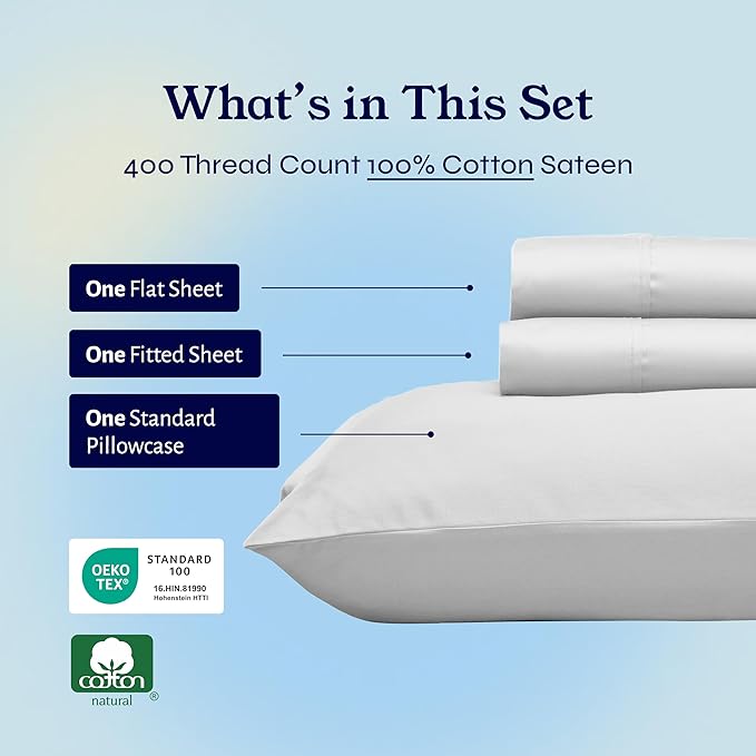California Design Den Twin Bed Sheets Set - 400 Thread Count Sateen, Natural 100% Cotton Bedsheets, Deep Pockets with All Around Elastic, Soft, Durable Bedding - Silver