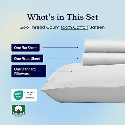 California Design Den Twin Bed Sheets Set - 400 Thread Count Sateen, Natural 100% Cotton Bedsheets, Deep Pockets with All Around Elastic, Soft, Durable Bedding - Silver