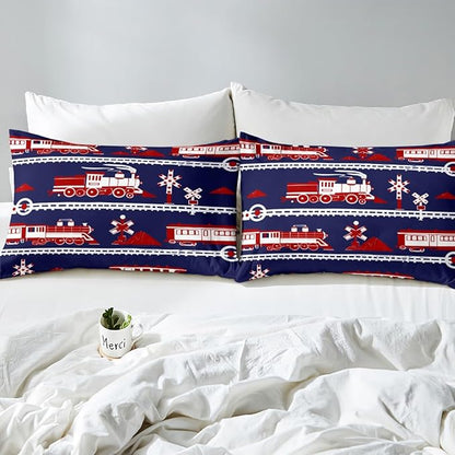 Erosebridal Train Comforter Set Cartoon Car Toddler Bedding, Traffic Transportation Track Comforter for Kids Teens Vintage Steam Engine Railway Decor Quilt Set Room Full 3Pcs, Navy Blue Red White