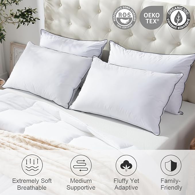 APSMILE Medium Firm Feathers Down/Poly Pillow Queen Size Set of 2, Luxury Feather Pillow for Sleeping, 100% Organic Cotton Cover Hotel Bed Pillow, Wrapped in Polyester (White, 20"x30")
