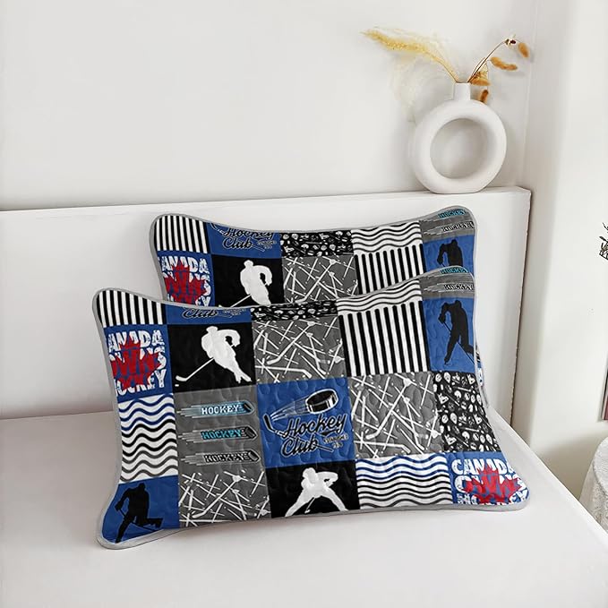 QOOMO Ice Hockey Quilt Set King Size,Sports Bedspread Coverlet Set,Ice Hockey Player 3Pcs Bedding Set Printed Quilt with 2 Pillowcases,Soft and Lightweight,for All Seasons