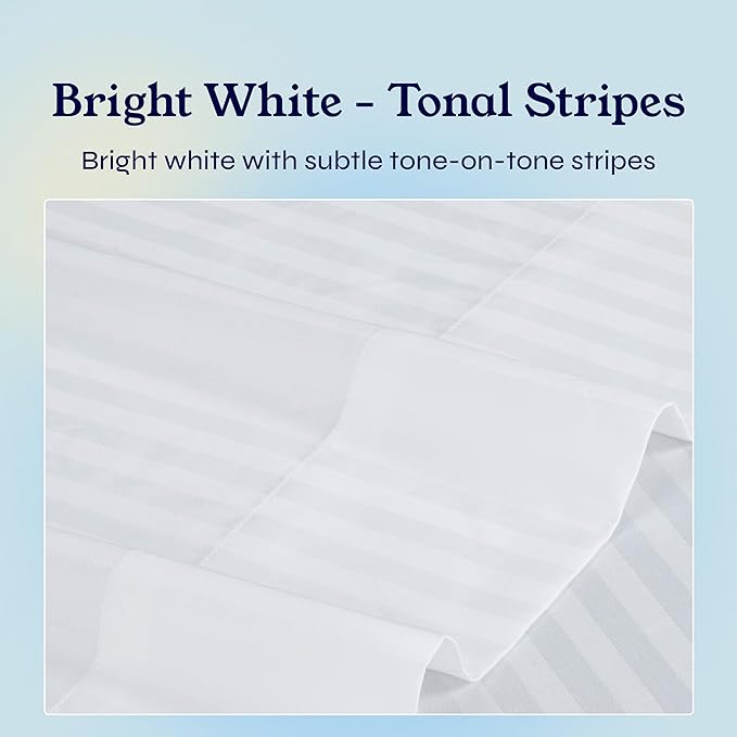 California Design Den Striped King Size Sheets Set - Soft 400 Thread Count Sateen, Natural 100% Cotton Sheets with Deep Pockets, and Durable Bedding Set - Striped White