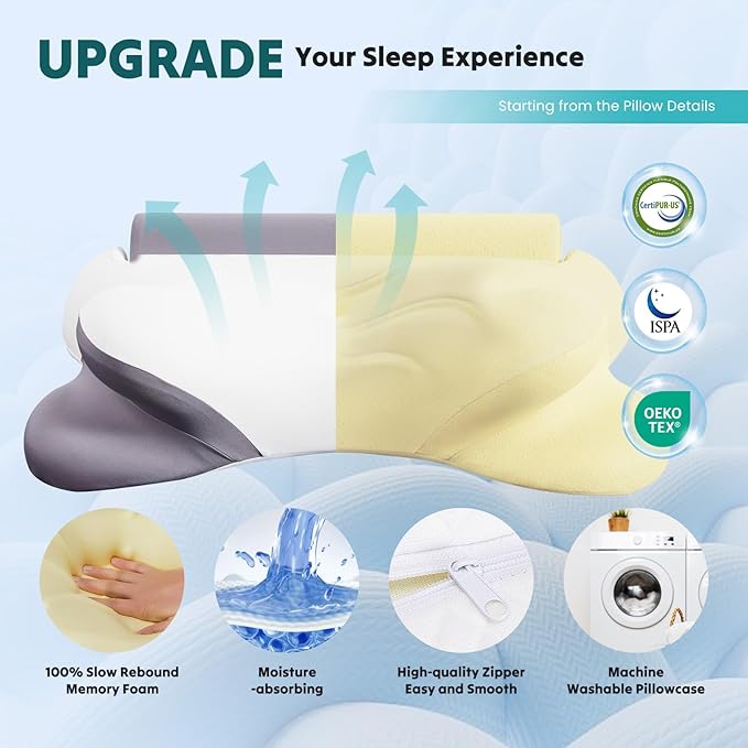 Smug Cervical Neck Pillow for Sleeping, Cooling Ergonomic Memory Foam Pillow with Arm Rest Slot and Ice Silk Pillowcase, Dual Height Orthopedic Support Contour for Side, Back, Stomach Sleepers