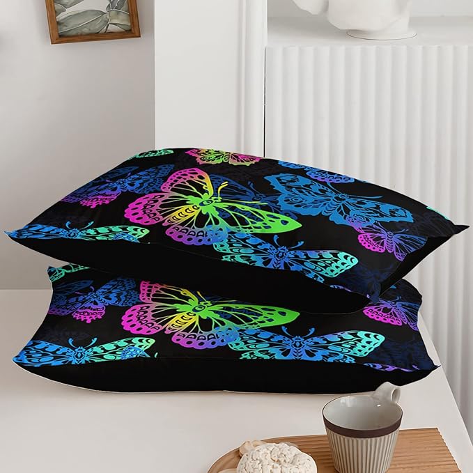 Axolotl Colorful Butterflies Bedding Set,Twin Size Kids Bed Set,Gradient Butterfly Comforter Set,1 Quilt with 2 Pillowcases for Boys Girls Kids Teens Children Adults Room Decor All Season,Black