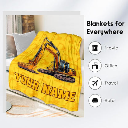 Personalized Blankets for Kids, Cozy Soft Excavator Throw Gifts for Boys, Yellow Flannel Construction Blankets for Couch Office, 30x40 Inches