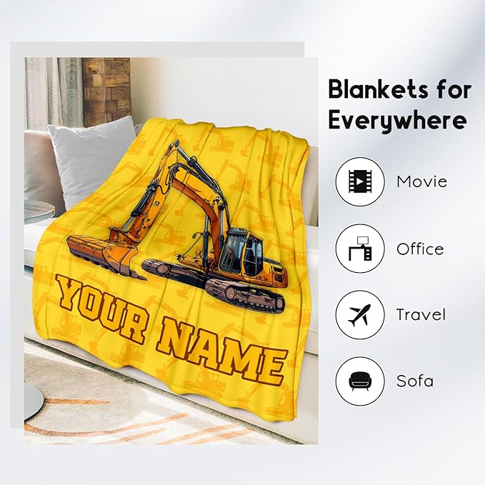 Personalized Blankets for Kids, Cozy Soft Excavator Throw Gifts for Boys, Yellow Flannel Construction Blankets for Bed Couch, 60x80 Inches