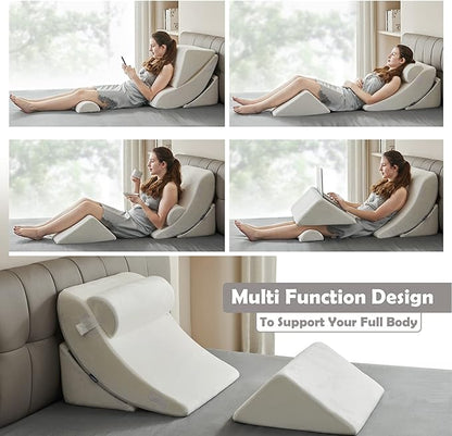 Ganaver 4pcs Orthopedic Bed Wedge Pillow Set Post Surgery Relaxing Back Adjustable Head Support Cushion Triangle Memory Foam Pillow for Acid Reflux Sleeping Reading Leg Elevation Snoring White