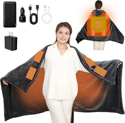 Cordless Heated Blanket with Hood, USB Battery Powered Heated Wearable Blanket with 9 Heating Zones, 20000 mAh Power Bank, 3 Levels, Portable Heated Throw Blanket, Heated Shawl