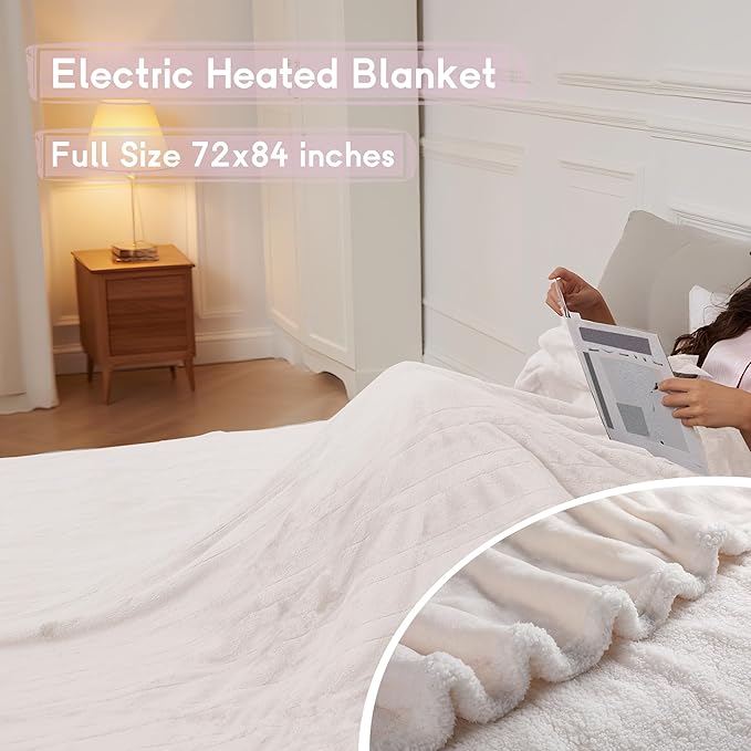 Heated Blanket Electric Blanket Full Size 72''x84'', Soft Flannel Heating Blanket with 1-10 Hour Auto Off - 6 Heat Settings - Machine Washable - White