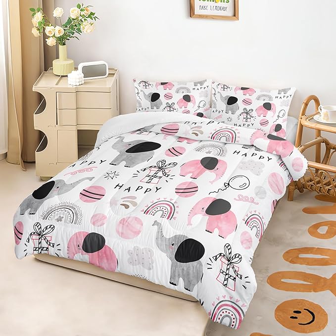 Pink Elephant Comforter Set Twin Size, Rainbow and Balloon Comforter for Kids Girls, Cute Cartoom Animal Soft Comforter Set with 1 Comforter+2 Pillowcases for Bedroom Bed Deco