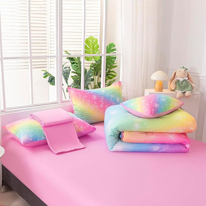 6Pcs Rainbow King Comforter Set for Kids Girls Teens Women Tie Dye Pastel Bedding Set King Size Stars Glitter Soft & Breathable Kids Bed for Gift Bedroom Decor