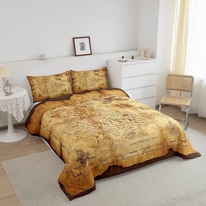 Feelyou Nautical Island Map Soft Comforter Set Kids Vintage Old Map Pirate Ship Bedding Set Ocean Ancient Pirate Skull Quilt Set Decor Bedroom Collection 2Pcs Twin Size