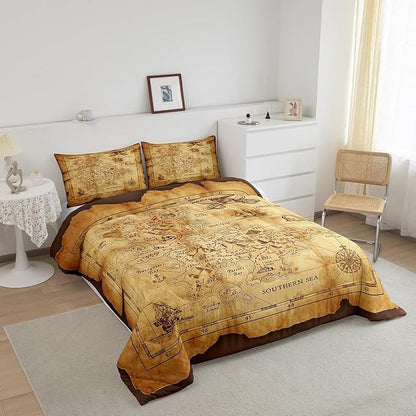 Feelyou Nautical Island Map Soft Comforter Set Kids Vintage Old Map Pirate Ship Bedding Set Ocean Ancient Pirate Skull Quilt Set Decor Bedroom Collection 2Pcs Twin Size