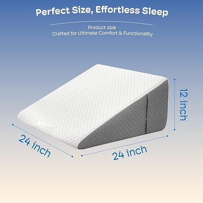 12" Bed Wedge Pillow for Post-Surgery Sleeping & Headboard Support - Acid Reflux, GERD, Heartburn & Snoring Relief - Memory Foam Back Support Pillow for Sitting, Resting, Reading