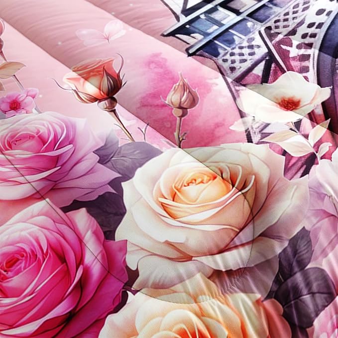 Paris Eiffel Tower Comforter 3Pcs Butterfly Bedding Queen Tie-Dyed Rose Star Bedding Set for Kid Teen Girl Boy Adult Bed Decor Colorful Flora Quilt with 1 Comforter and 2 Pillowcases