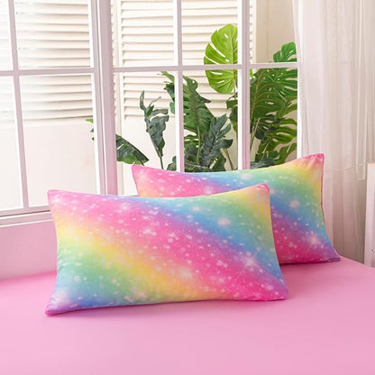 4Pcs Twin Size Comforter Set for Girls Kids, Gradient Rainbow Glitter Girls Bedding Set with Sheets, Soft & Breathable Kids Bed for Gift Bedroom Decor