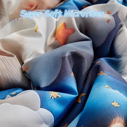 Kids Twin Comforter Set for Boys and Girls, 3 Pieces Cat Comforter with 2 Pillowcases, Microfiber Kitty Twin Bedding Set for Kids Teens Washable Lightweight Super Soft for All Season, Blue