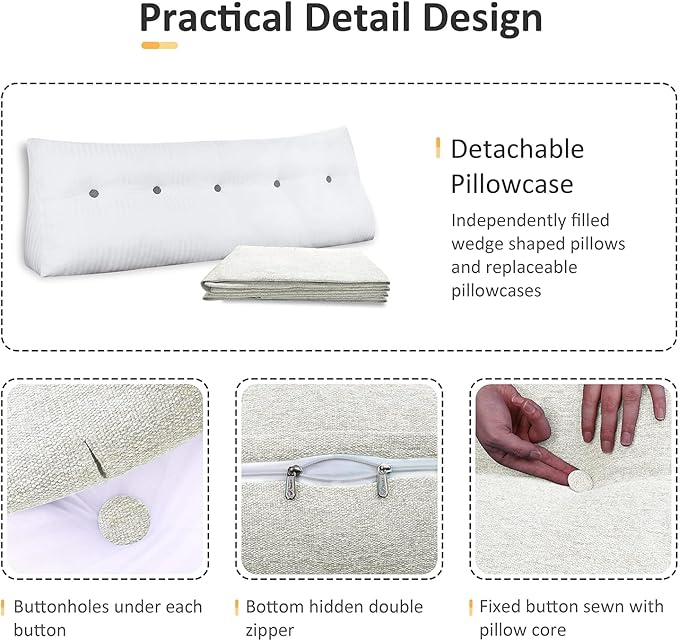 Wedge Pillow Headboard Reading Pillow for Sitting Up in Bed Adult Backrest Large Triangle Bolster Pillow for Couch Daybed Cushion Lumbar Body Support Leg Positioning（Ivory Beige, Full