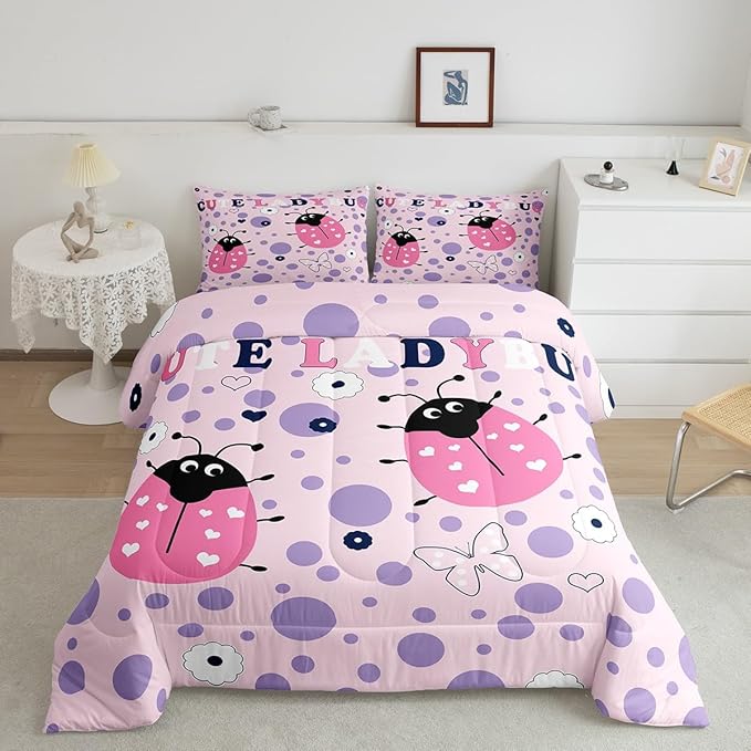 Castle Fairy Cute Ladybug Bedding Set Full Size Funny Polka Dots Geometric Comforter for Child Teens Cartoon Butterfly Animal Down Comforter Heart Print Duvet Insert with 2 Pillowcases