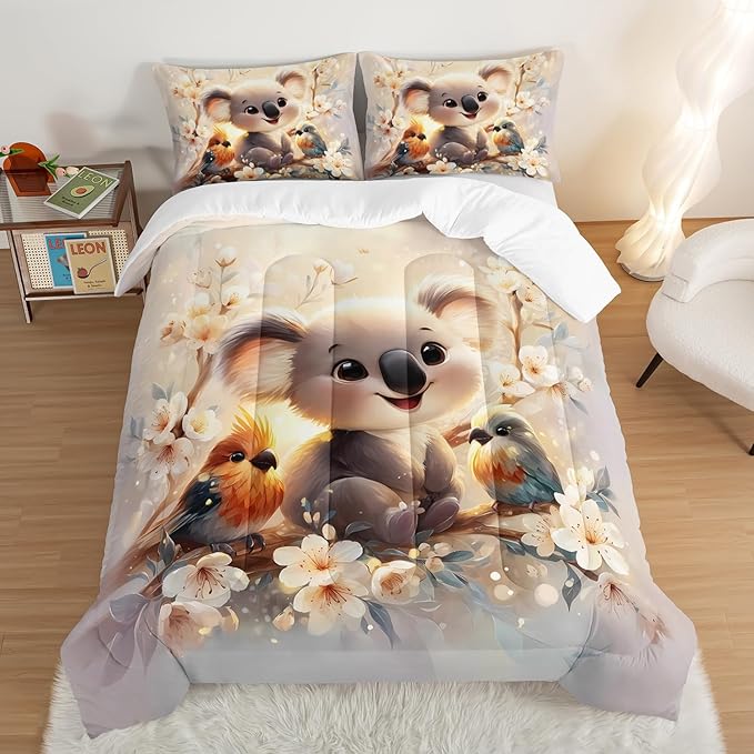 Kawaii Koala Bedding Set,Cartoon Koala Parrot Floral Pattern Twin Size Bed Set for Kids Girls Boys Room Decor,Cute Beddings with 2 Pillowcases.
