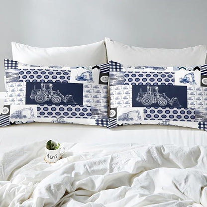 Feelyou Kids Construction Comforter Set Twin Equipment Trucks Bedding Set for Boys Cartoon Car Excavator Tractor Comforter Construction Vehicles Plaid Grid Blue and White Duvet Set with 1 Pillow Case