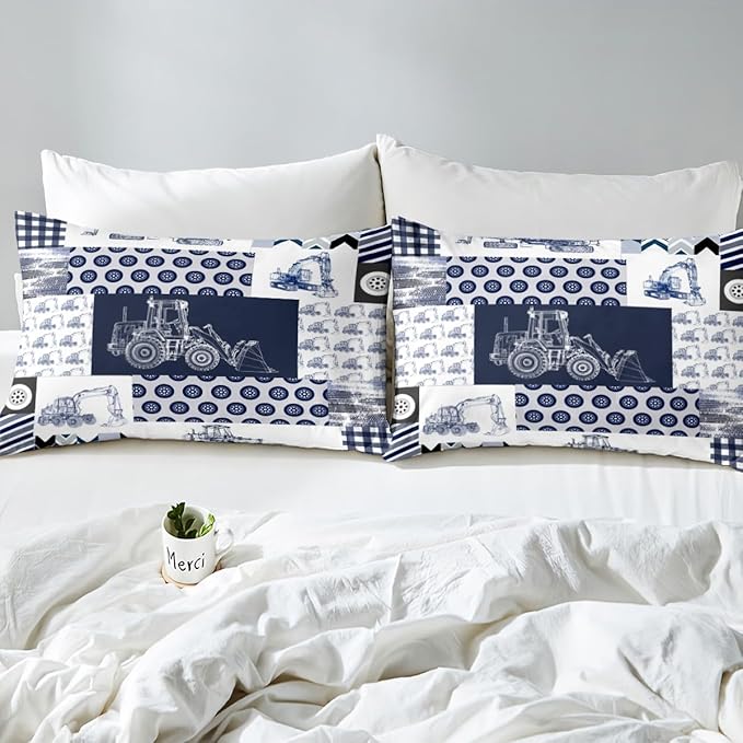 Feelyou Kids Construction Comforter Set Full Size Equipment Trucks Bedding Set for Boys Cartoon Car Excavator Tractor Comforter Construction Vehicles Plaid Grid Blue and White Duvet Set
