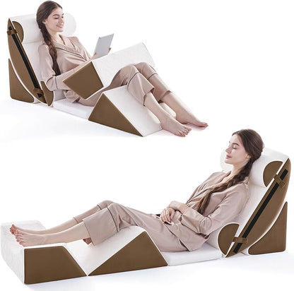 Wedge Pillow Set for After Surgery, 7 PCS Bed Wedge Pillow for Sleeping, Memory Foam Orthopedic Back Pillow for Pain Relief and Acid Reflux, Adjustable Post Surgery Pillow Brown