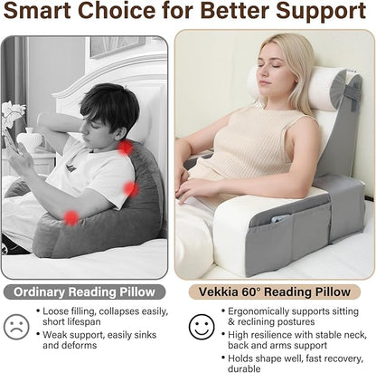 Vekkia 21" Reading Pillow for Sitting in Bed – 60° Ergonomic Wedge Back Pillow, XL Side Pockets, Support Chair for TV, Gaming, Working, Nursing, Recovery in Bed, Floor, Dorm, Great Gift Idea