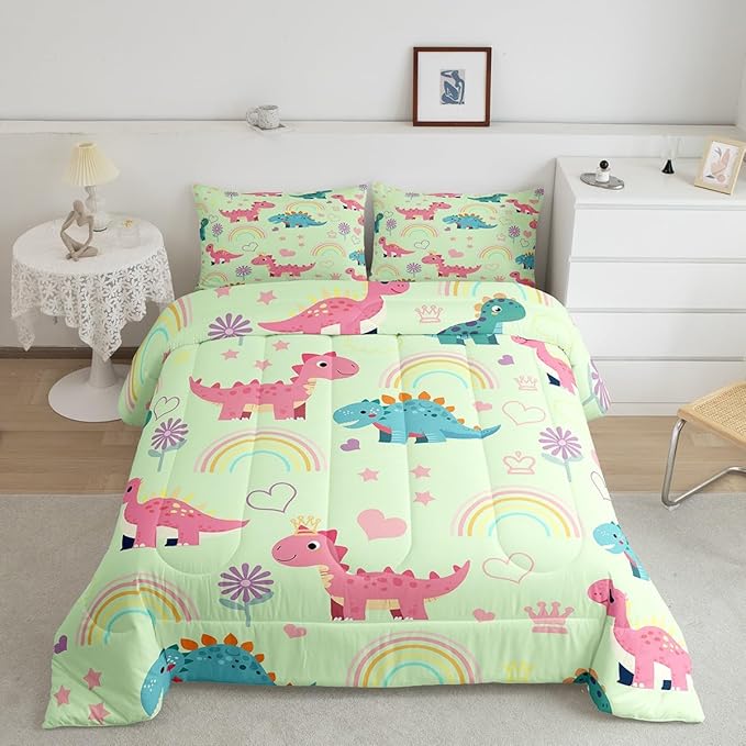 Castle Fairy Kawaii Dino Kids Comforter Set Twin Size,Cute Rainbow Floral Love Heart Reversible Bedding Sets for Teens Bedroom Decor,Pink Green Dinosaur Lovely Animal Quilted Duvet,1 Pillowcase