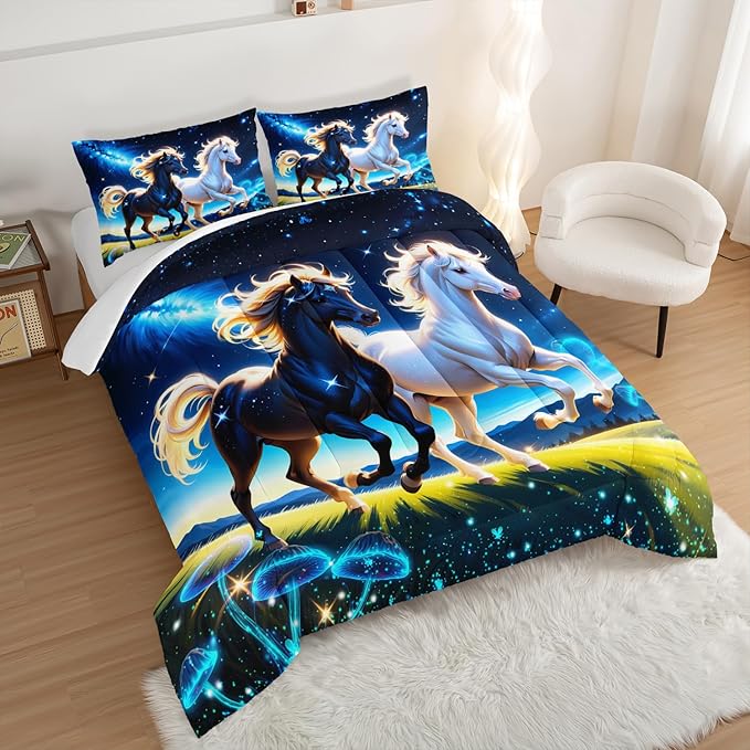 Western Bedding Sets King Size,Farmhouse Animal Theme Prairie Galloping Horse Comforter Set for Kids Girls Boys Room Decor,Dreamy Starry Sky Background Bedding Set with 2 Pillowcases.