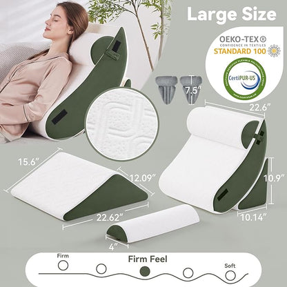 Wedge Pillow Set for After Surgery, 5 PCS Bed Wedge Pillow for Sleeping, Memory Foam Orthopedic Back Adjustable Pillow for Pain Relief and Acid Reflux with 2 PCS Axilla Pillow Green