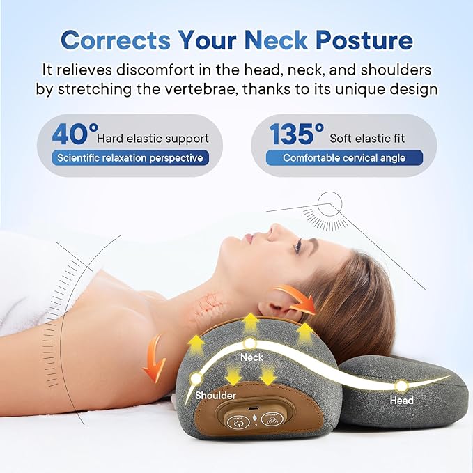 3- in -1 Rechargeable Neck Massage Pillow - Neck Massager, Relieves Deep Tissue Pain in The Neck, Has Massage Heating and Traction Functions, Camel Hump Corrector (Gray)